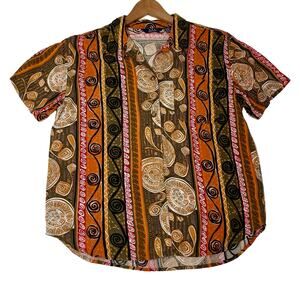 Vintage 90s Men's Collared Casual Tribal Graphic Button Up Short Sleeve Shirt; L